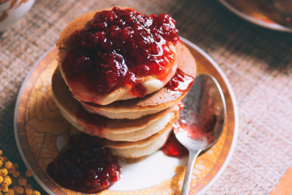 Fluffy Japanese pancakes with raspberry jam