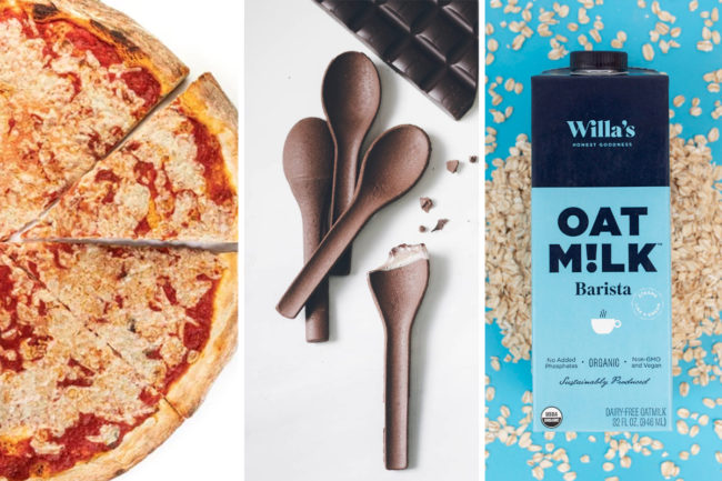 Pleese Foods plant-based cheese, Planeteer edible spoons and Willa's oat milk