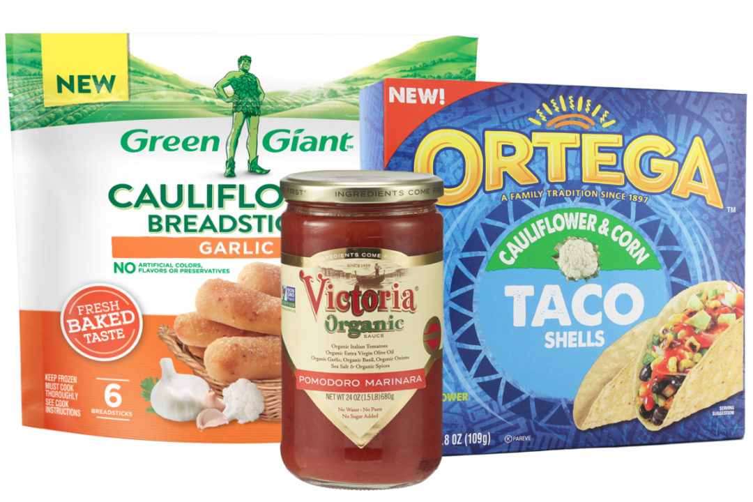 B&G Foods products - Green Giant cauliflower breadsticks, Ortega cauliflower taco shells and Victoria pasta sauce