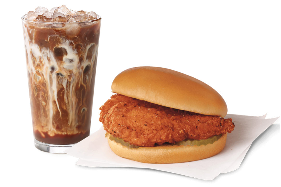 Chick-fil-A spicy chicken sandwich and cold-brew coffee