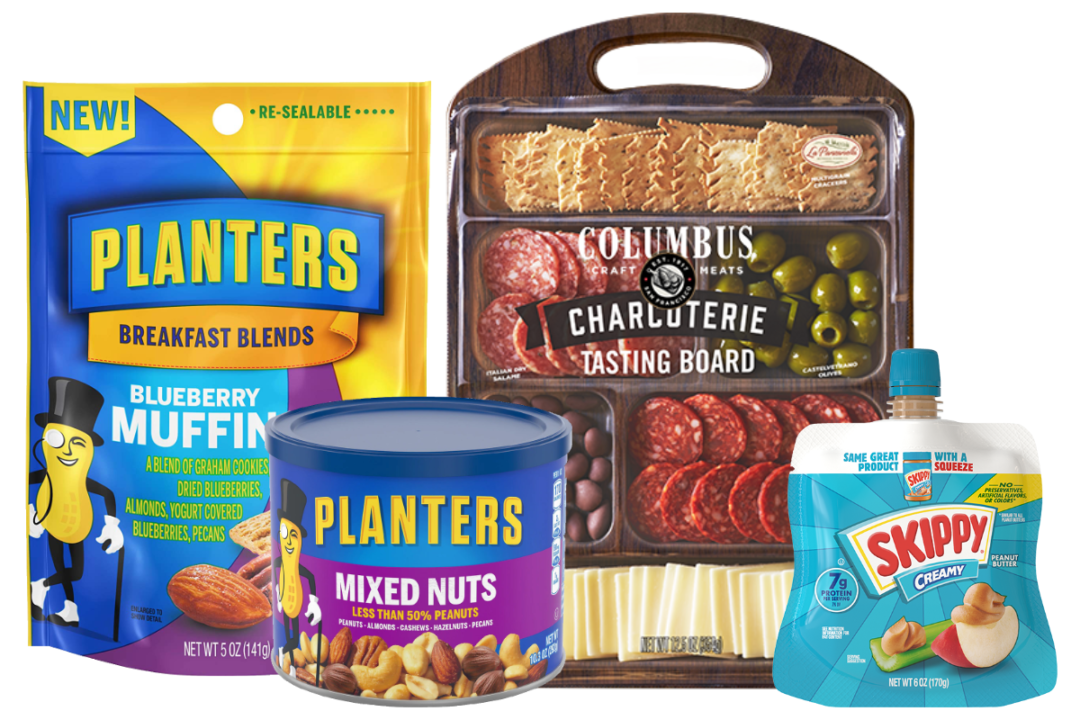 Planters nuts products, Skippy squeeze pouches and Columbus charcuterie from Hormel Foods