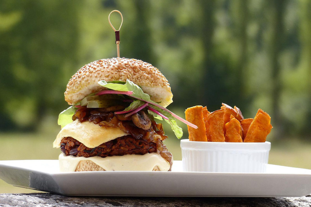 veggie-burger-next-to-fries-on-white-ceramic-plate