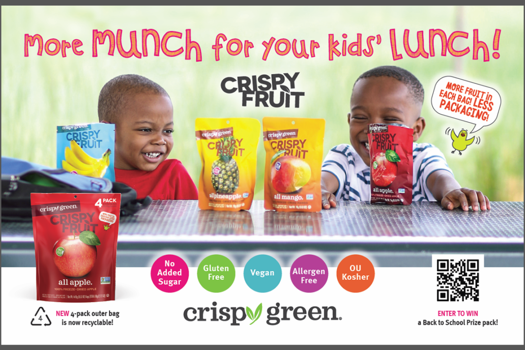 Crispy Green back-to-school advertisement featuring two kids and Crispy Fruit single-serve packages