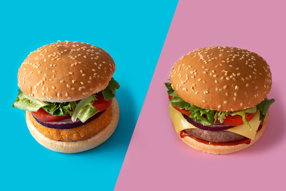 chickpea burger on blue background (left) and beef burger on pink background (right)