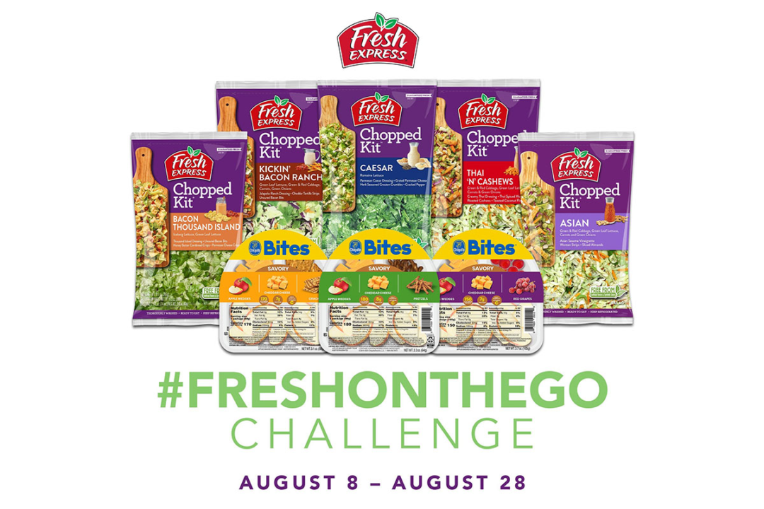 Fresh Express products with #FreshOnTheGo hashtag underneath
