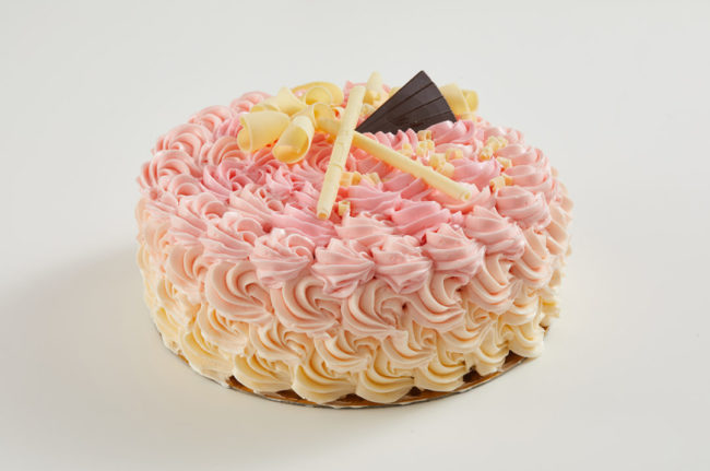 Barry Callebaut Chocolate Cake with pink and light yellow frosting