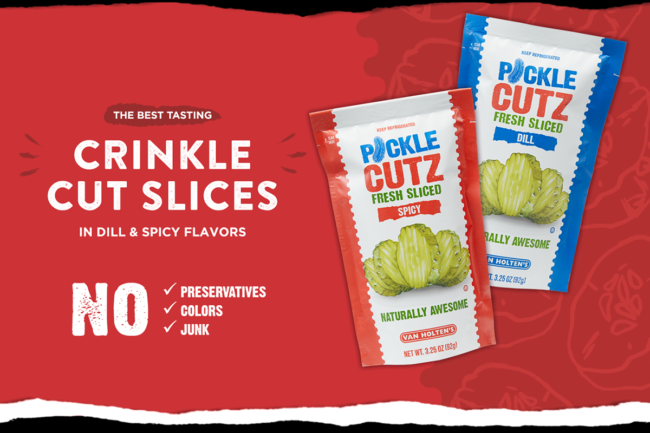 Pickle Cutz dill and original product packaging on red background
