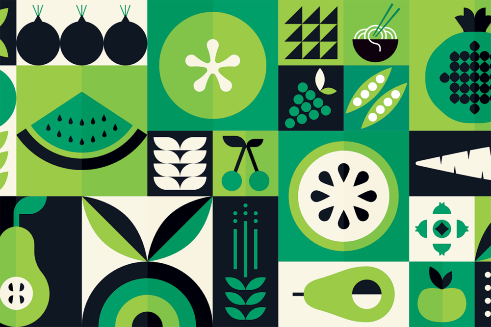 green, black and white produce graphic design