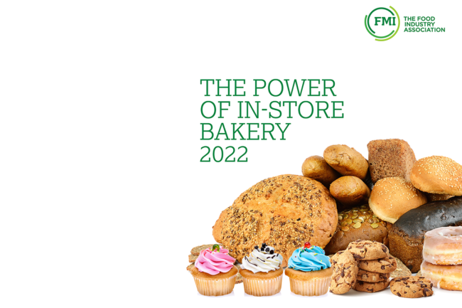 The Power of In-Store Bakery 2022 report cover with a variety of baked goods on a white background