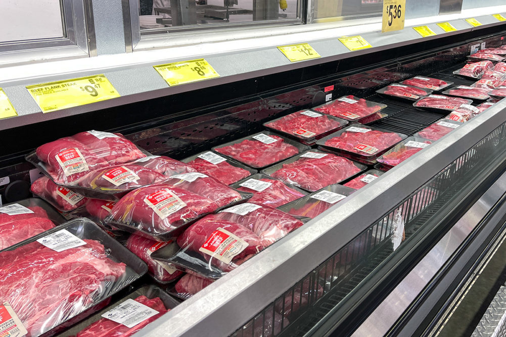 Fresh cuts of beef meat in the refridgerated meat aisle of a Sams Club grocery store ready to be purchased by consumers.