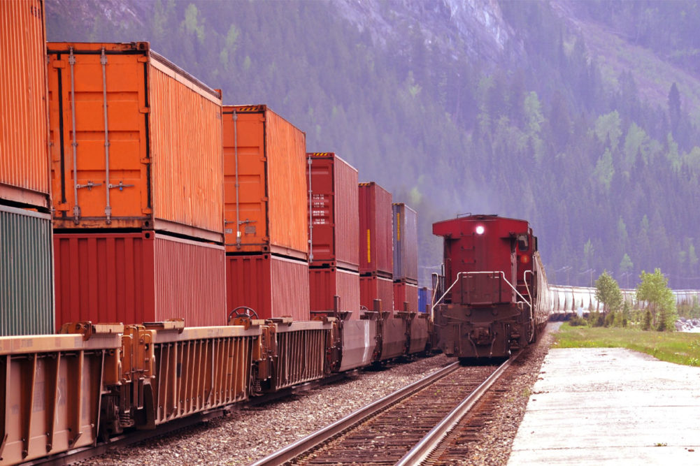 Freight train in the Canadian Rockies