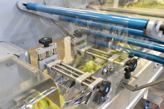 modern packaging machine for fresh pears in a factory for food industry