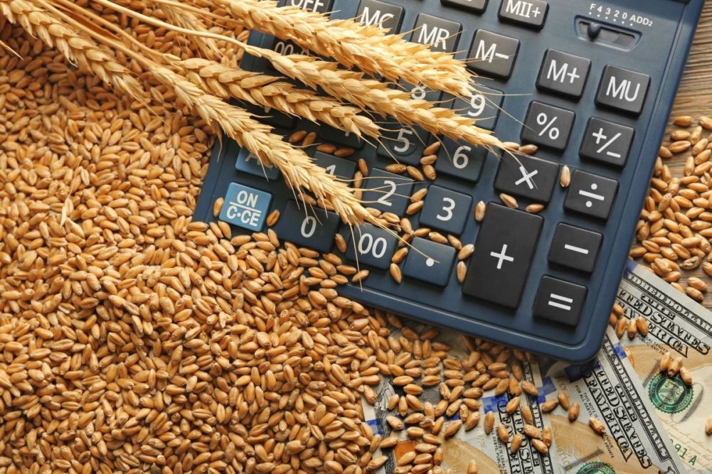 calculator and money with grain on top