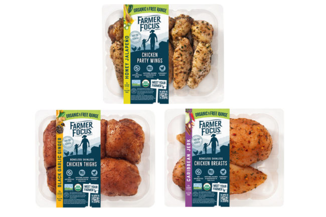 Three packages of Farmer Focus pre-seasoned chicken