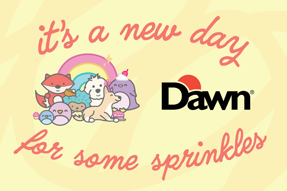 Digital illustrations of animals with the text "it's a new day for some sprinkles" and the Dawn Foods logo