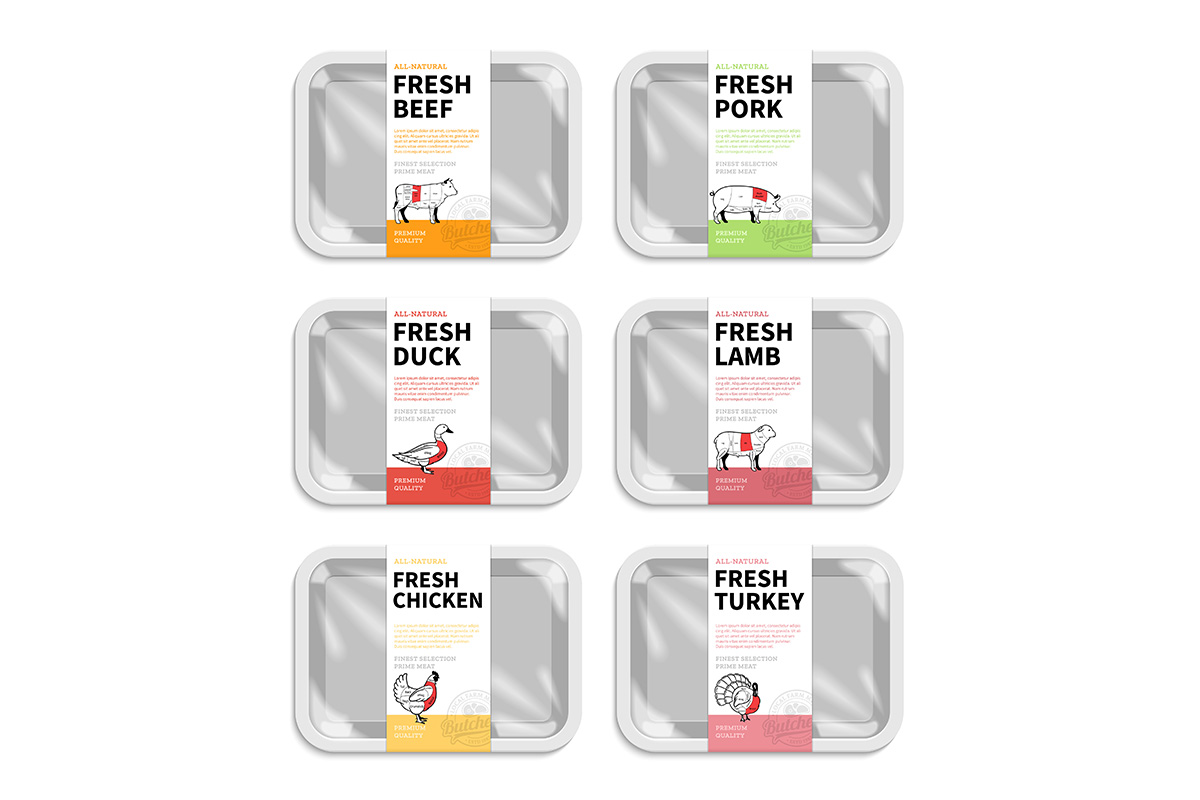 Vector meat packaging. Butchery labels. White foam meat tray with plastic film mockups. American (US) cuts of beef, pork, lamb, chicken, duck and turkey diagrams.