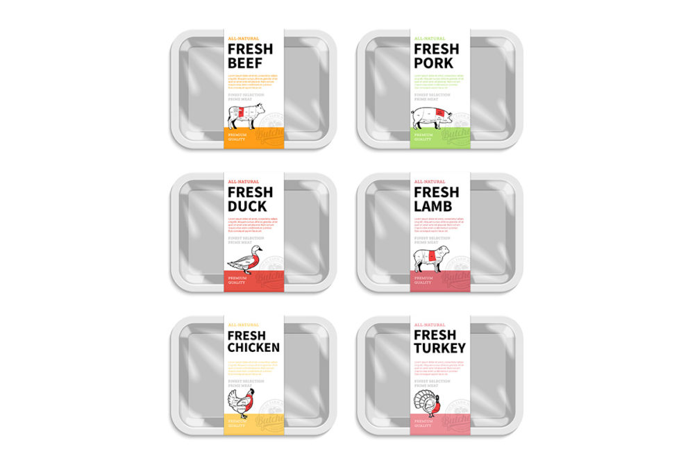 Vector meat packaging. Butchery labels. White foam meat tray with plastic film mockups. American (US) cuts of beef, pork, lamb, chicken, duck and turkey diagrams.