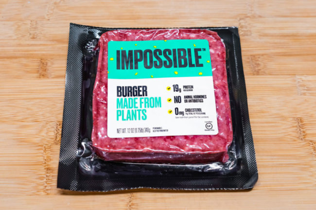 Impossible Foods package on wooden surface