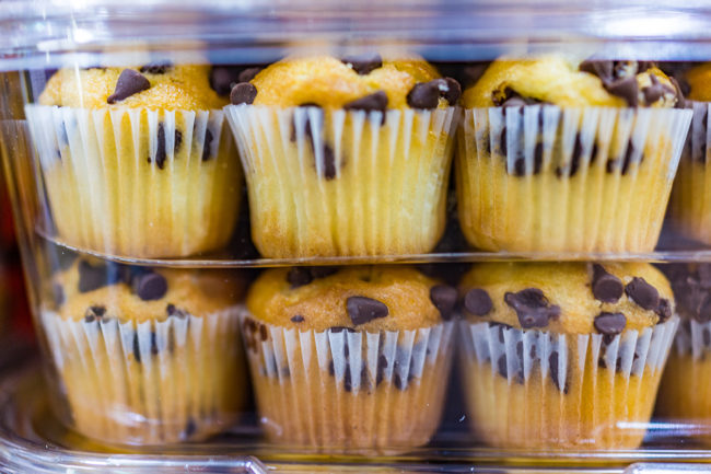 miniature chocolate chip muffins in a plastic package