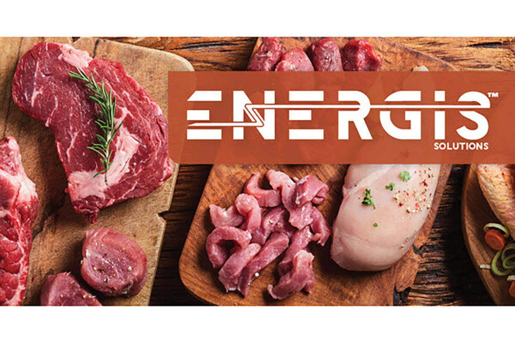 pieces of meat with the Energis logo over it