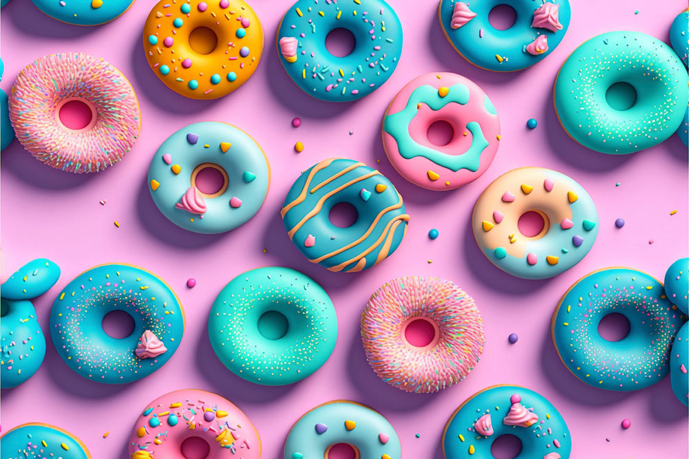 brightly colored donuts on a pink background