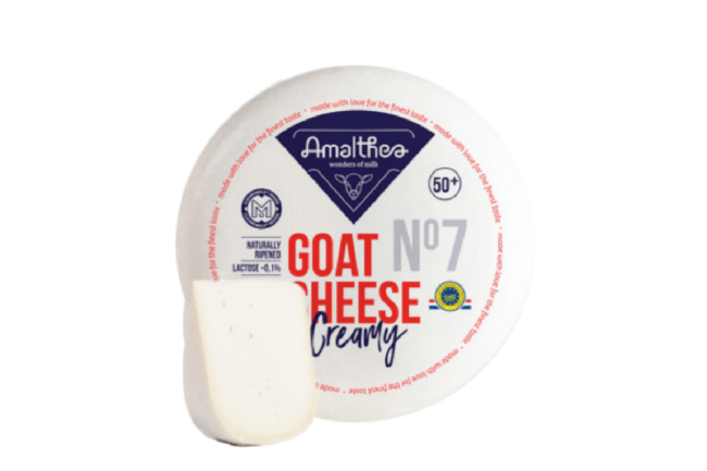 amalthea cheese in packaging on white background