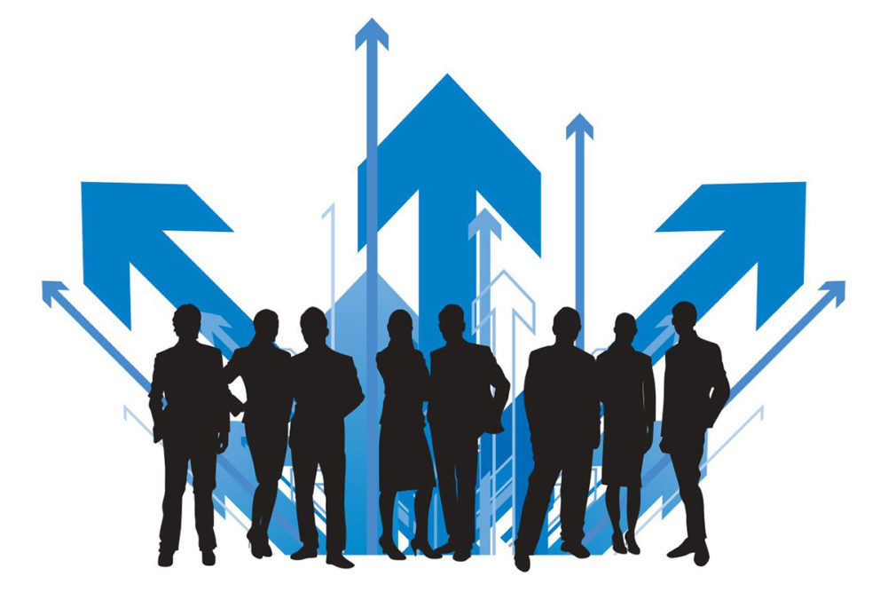 graphic of business people with blue arrows