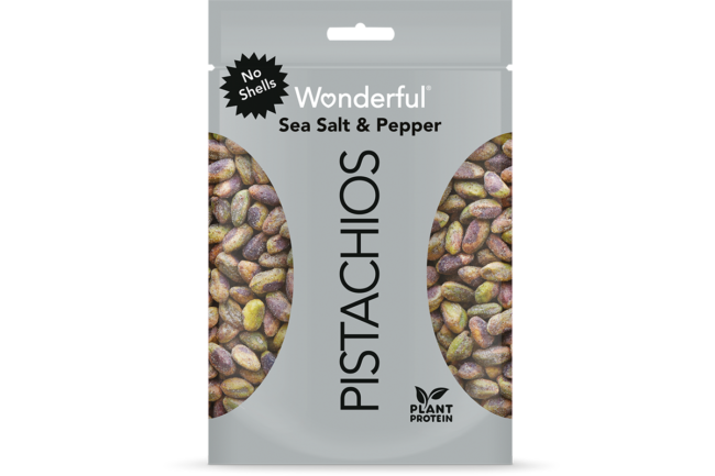 Wonderful-Pistachios-No-Shells-Sea-Salt-Pepper-Wonderful-Pistachios packaging