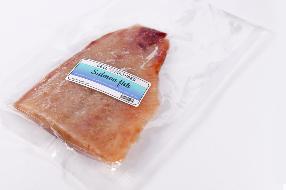 Lab grown cell cultured salmon fish concept for artificial in vitro seafood production with frozen packed raw fish with made up label
