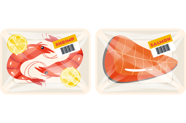 drawings of shrimp and salmon in grocery store clear packages