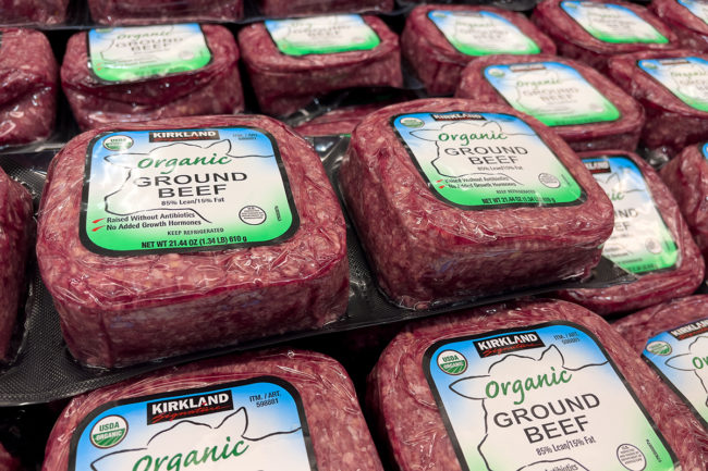 Kirkland organic grass-fed beef in grocery store