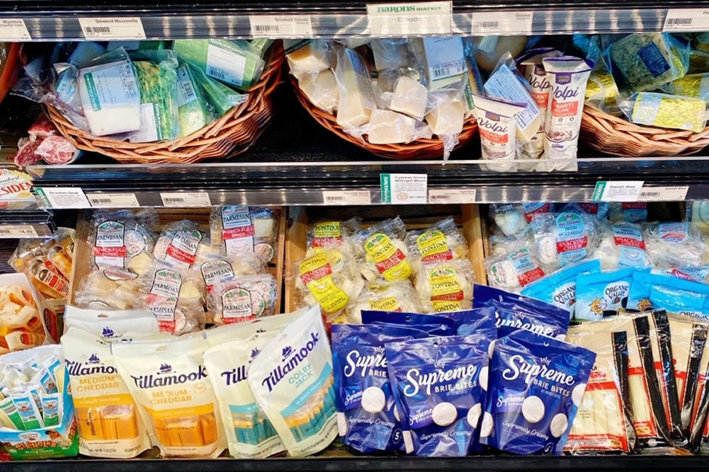 display of snacking cheese at grocery store