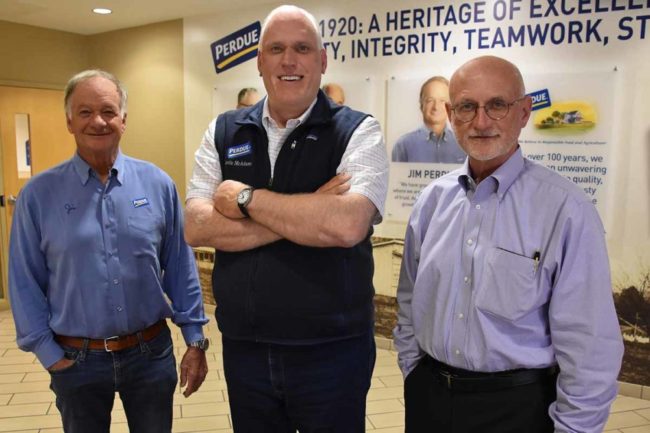 Jim Perdue (left) chairman of Perdue Farms, Kevin McAdams, incoming CEO and Randy Day who is retiring as CEO.
