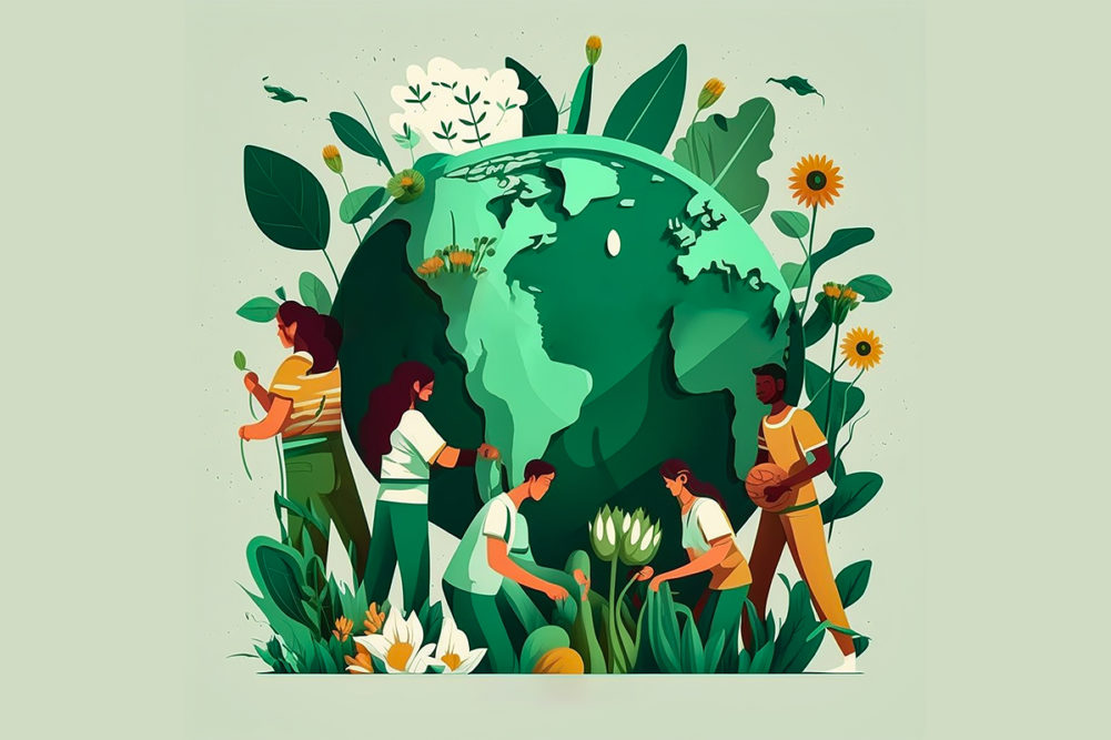 illustration of earth with a community of people around it (sustainability, social responsibility concept)