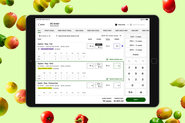 afresh technology on a tablet with fresh produce in the background