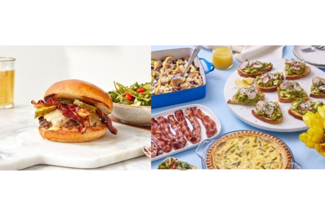 two of Blue Apron's breakfast items. Bacon sandwich and strips of bacon with quiche
