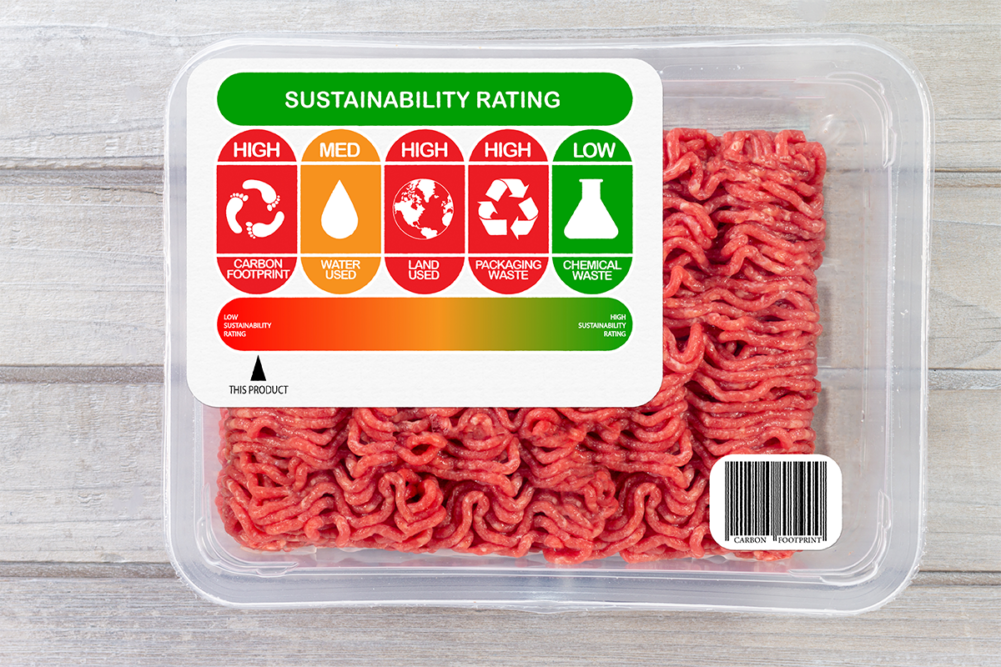 package of beef with sustainability label
