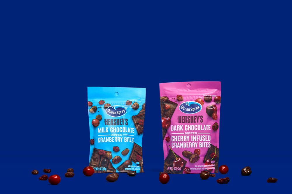 Ocean Spray products in packaging on a dark blue background