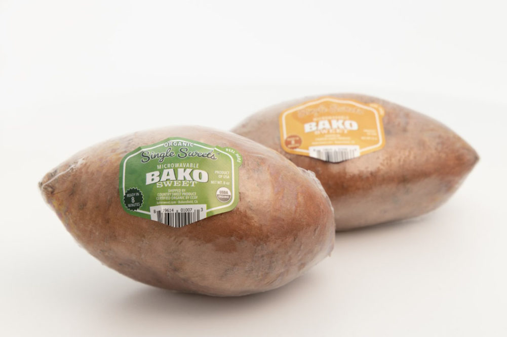 Two bako sweet labeled potatoes