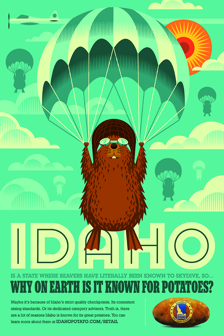cartoon of a beaver with a parachute and text that says "Idaho: why on earth is it known for potatoes?"
