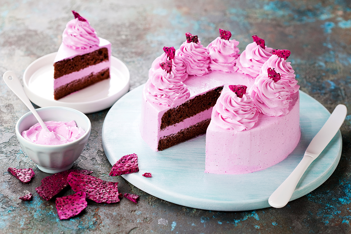 Chocolate cake with freeze dried dragon fruit powder cream and pitahaya chips