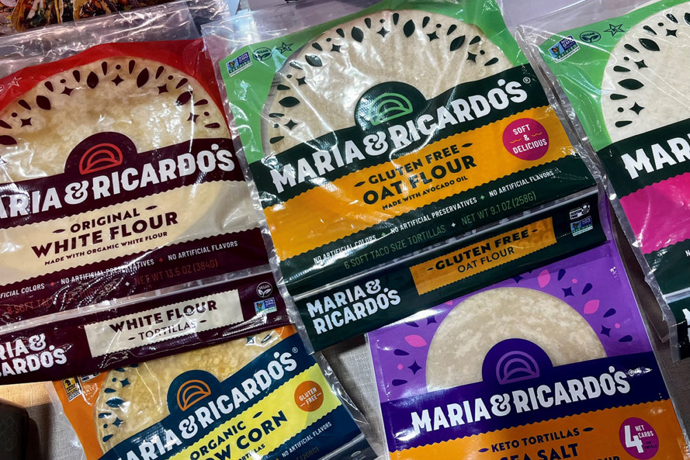 plastic packages of tortillas with Maria & Ricardo's new branding