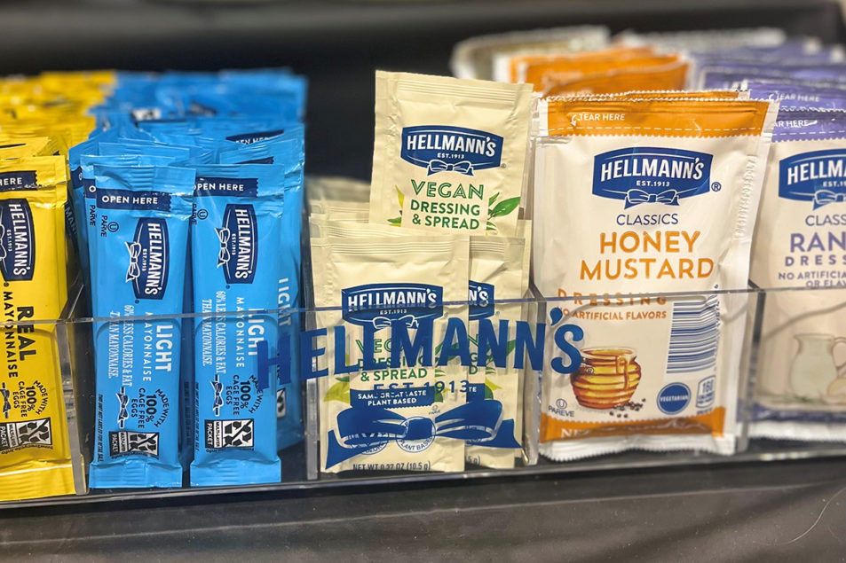 Hellmann's displays single-serve sachets of vegan mayonnaise at