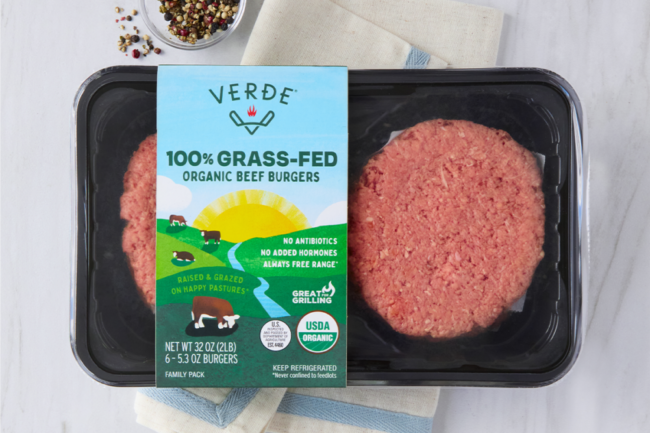 Verde Farms organic grass-fed beef patties in packaging