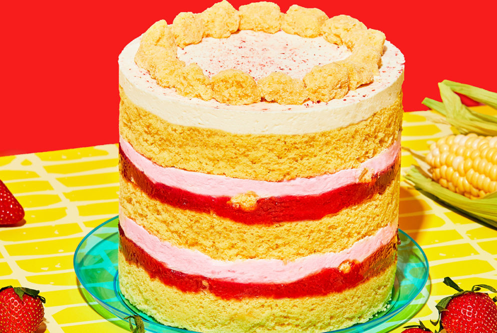 Strawberry cake with yellow and red background