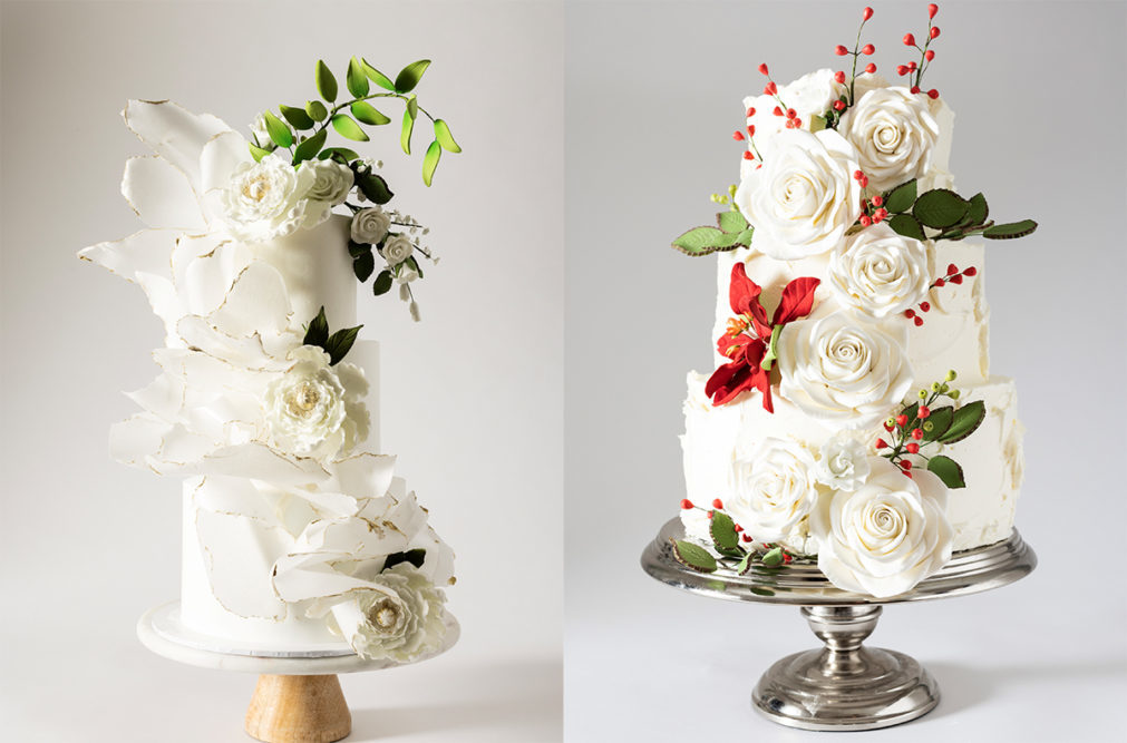 two white cakes with different floral decorations