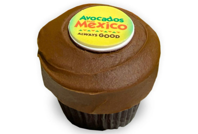 chocolate cupcake with Avocados From Mexico logo printed on top