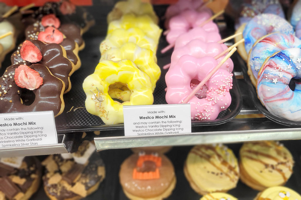 mochi donuts on bakery shelves