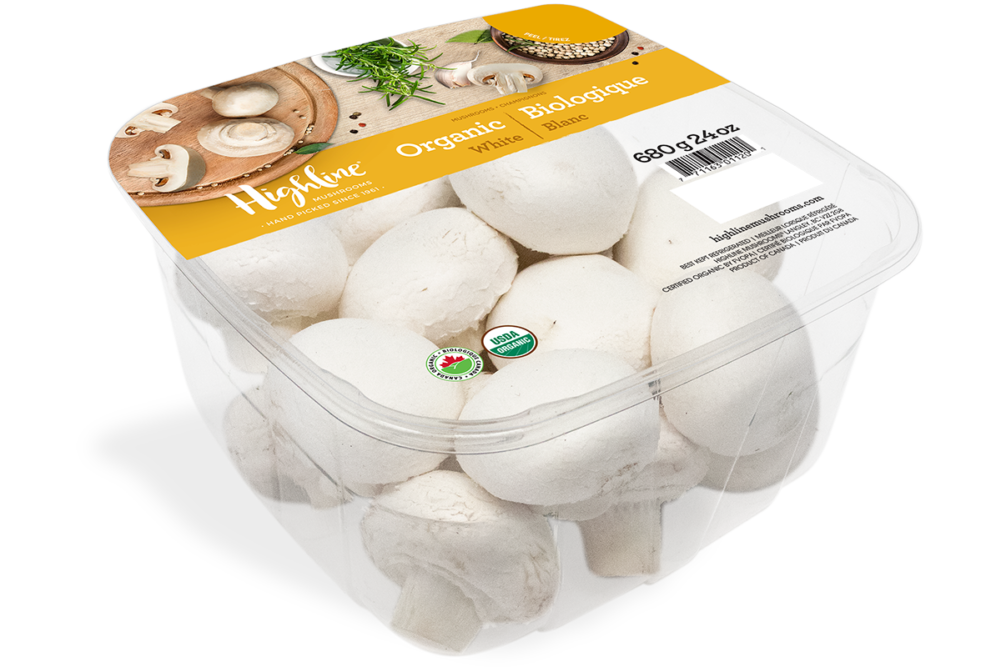 Highline white mushrooms in plastic package
