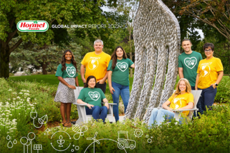 people standing by a tree with Hormel logo